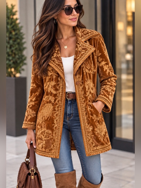 Paparrazi Jackets & Blazers - Paparazzi Embroidered Velvet Coat Carmel Color Size Small NWT